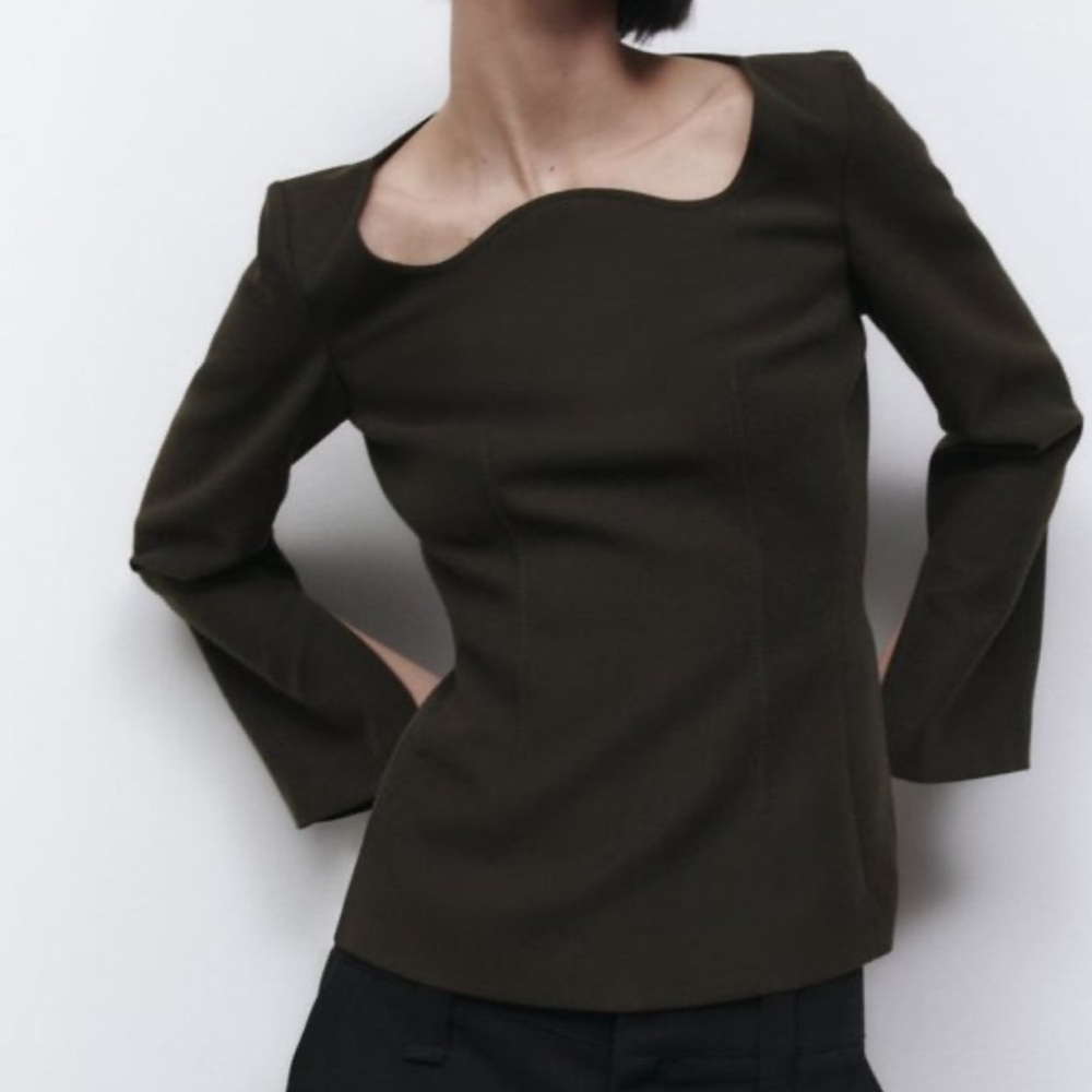 Zara Army Green Topstitched Khaki Top Slit Sleeves size S
